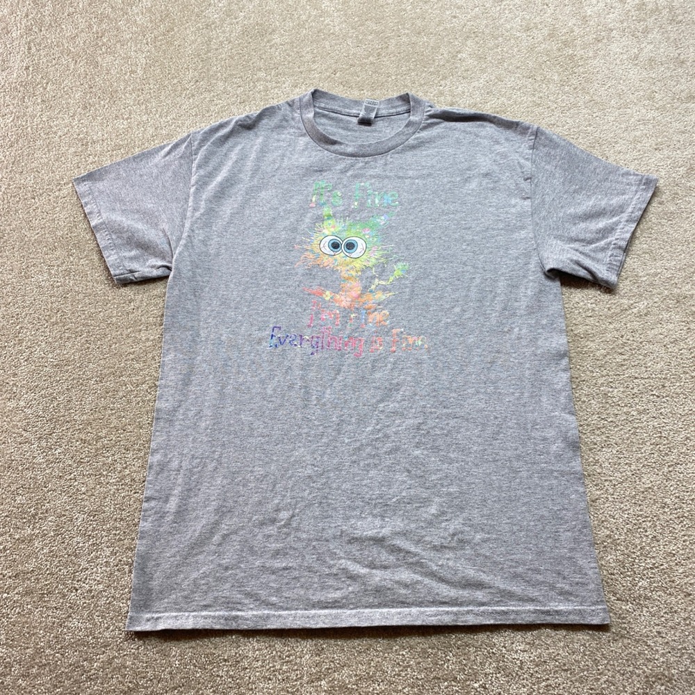 Gildan Shirt Mens Medium Gray Its Fine Im Fine Everything is‎ Fine Cat Graphic T